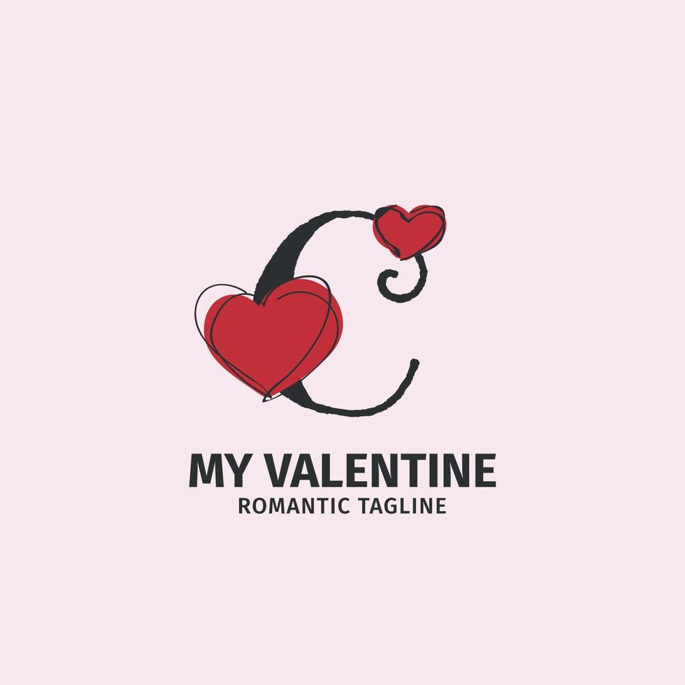 lettre c avec un style de doodle mignon en forme de coeur pour une identité d'amant, une marque de cadeaux de la Saint-Valentin et un magasin de jouets pour filles vecteur