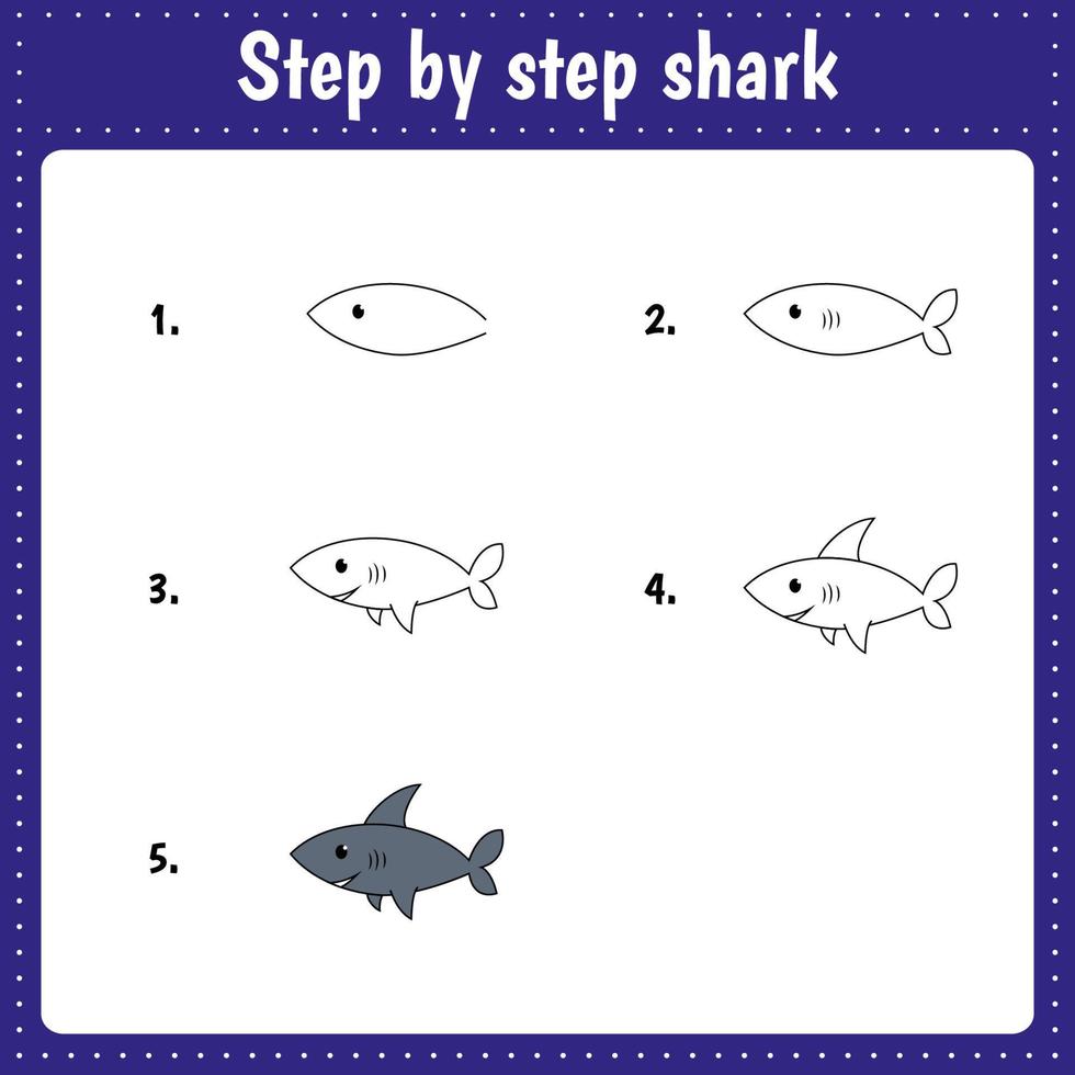 feuille de travail éducative pour les enfants. illustration de dessin étape par étape. requin. page d'activité pour l'éducation préscolaire. vecteur