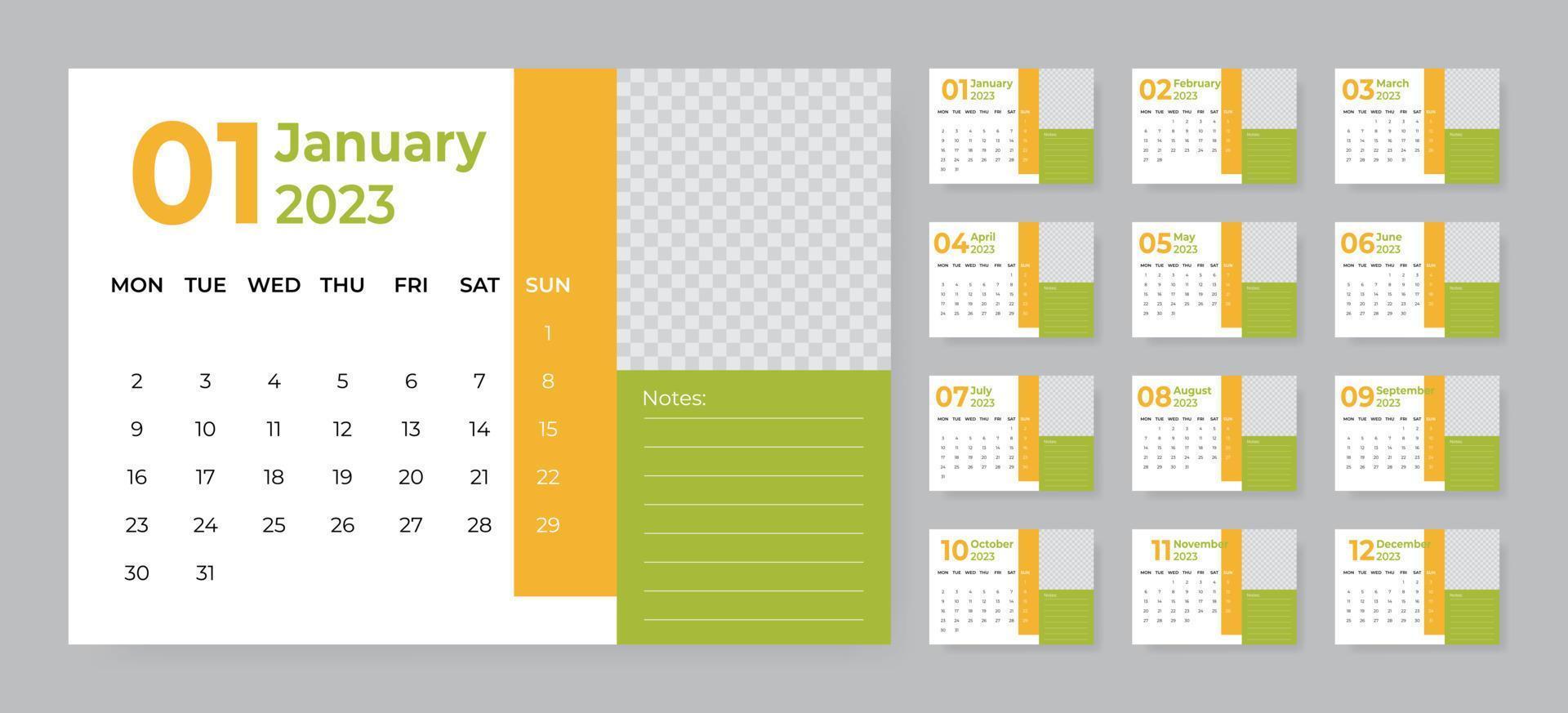 modèle de calendrier de bureau mensuel pour l'année 2023. la semaine commence le lundi vecteur