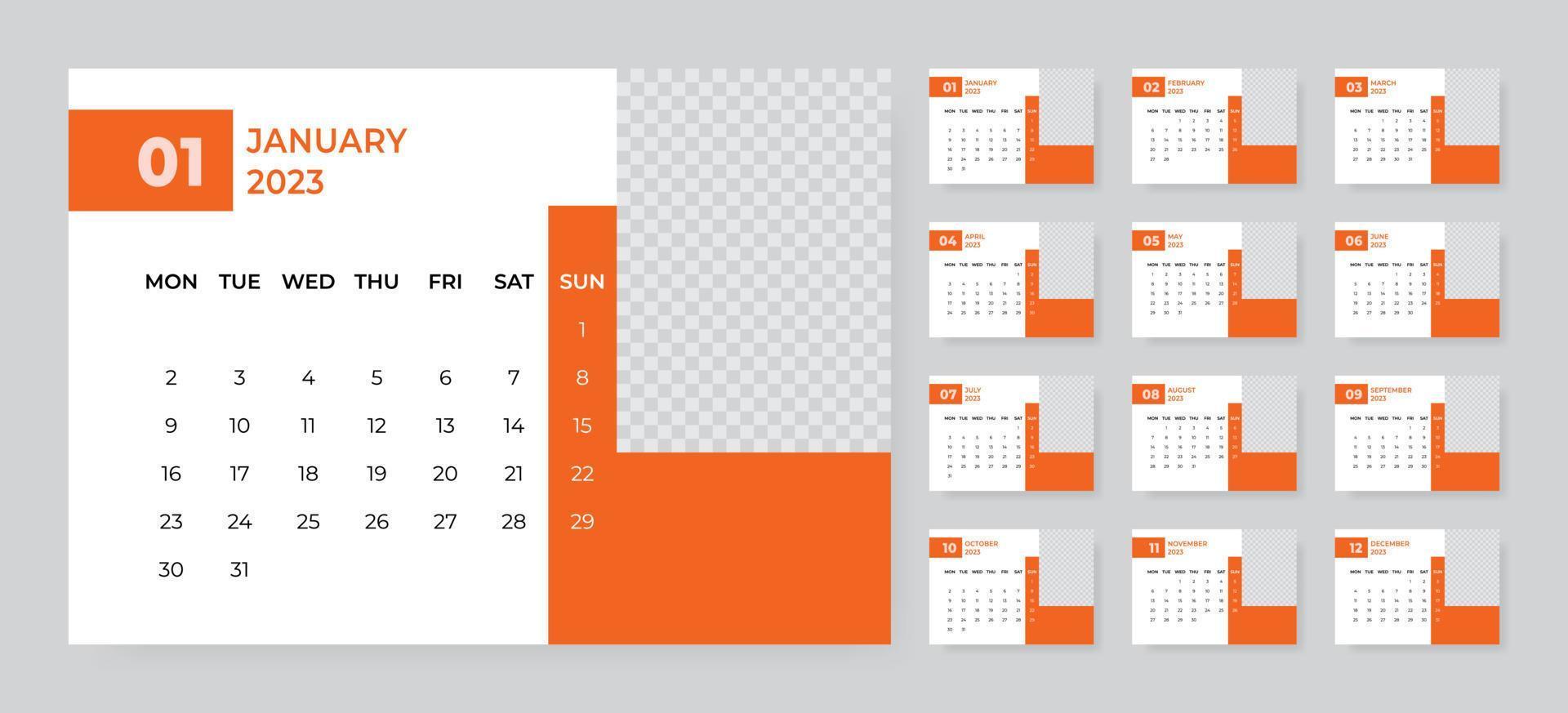 modèle de calendrier de bureau mensuel pour l'année 2023. la semaine commence le lundi vecteur