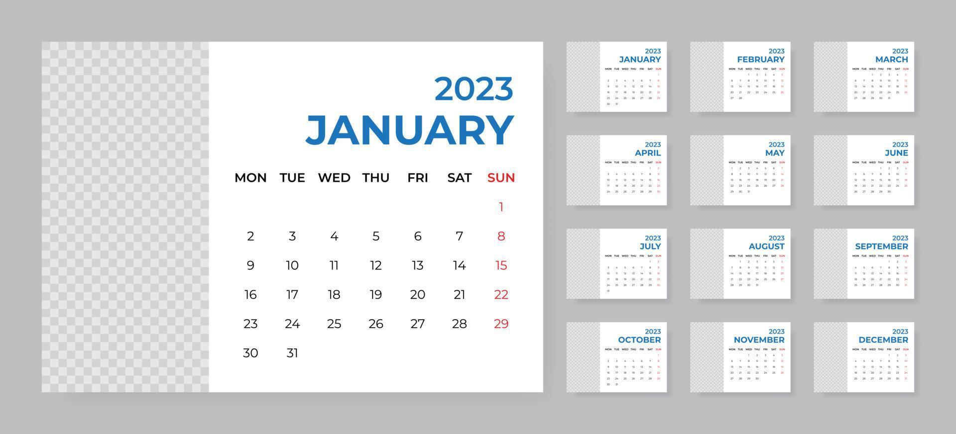 modèle de calendrier de bureau mensuel pour l'année 2023. la semaine commence le lundi vecteur