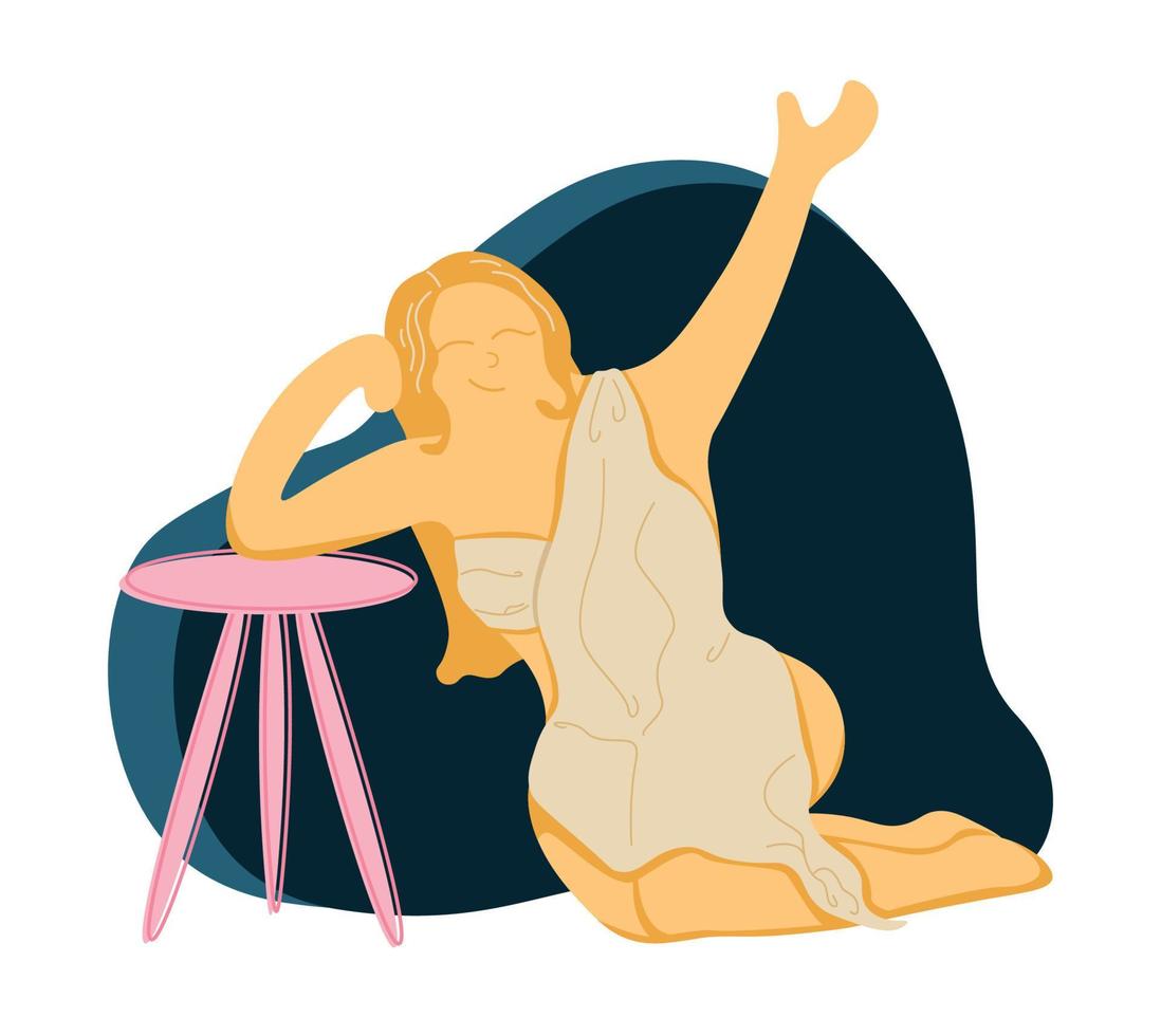 jeune fille souriante posant avec une chaise. silhouette de jeune fille dans une feuille. illustration de santé mentale isolée de vecteur pour les cartes, la conception web, les blocs-notes, la papeterie, les salutations, les autocollants et autres impressions.