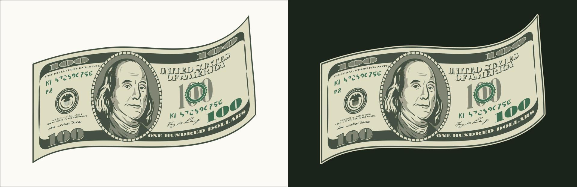 billet de 100 dollars américain courbé ondulé avec face avant. chute, billet de banque volant. argent liquide. illustration vectorielle détaillée vecteur