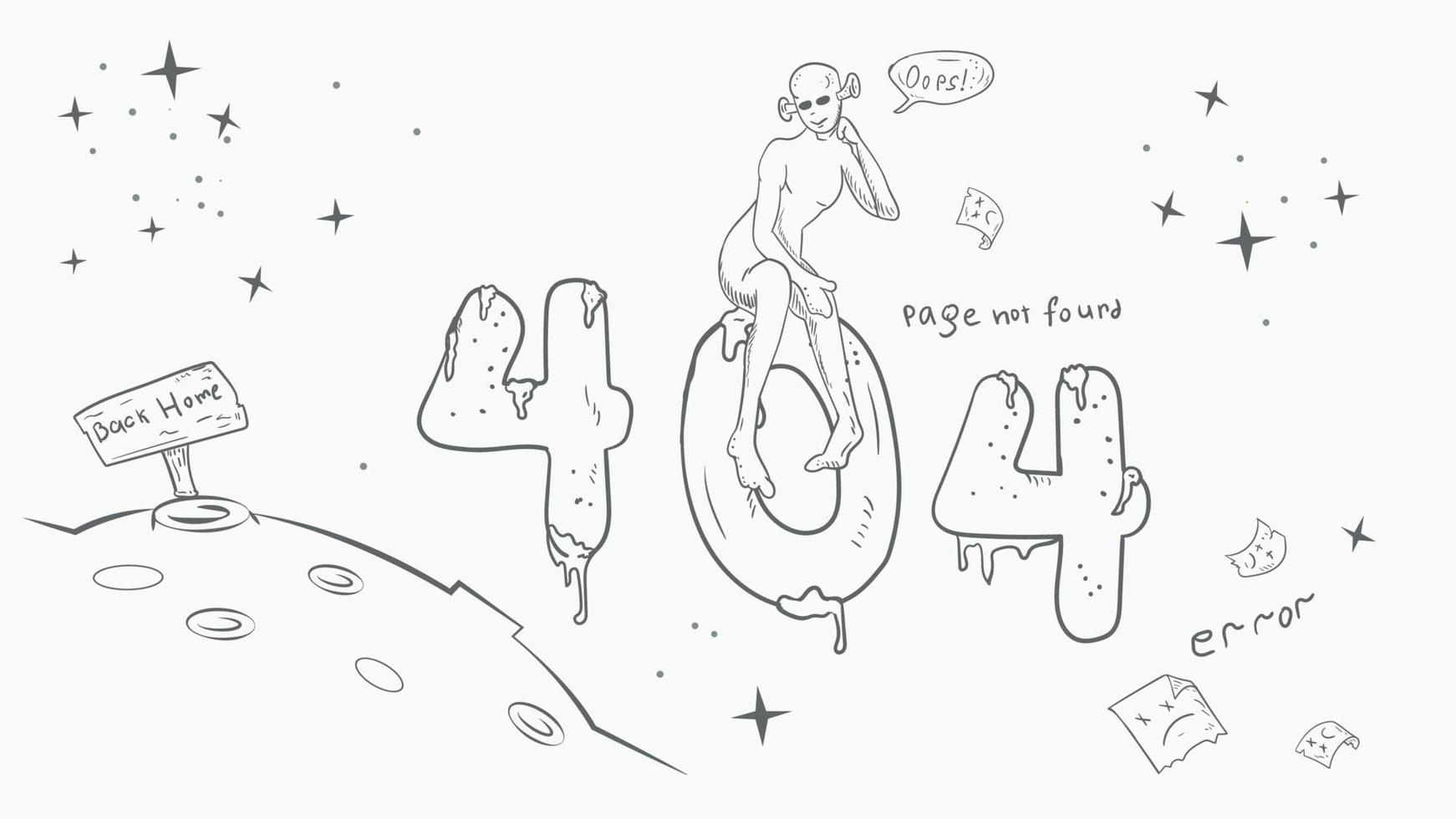 une page en noir et blanc pour la conception d'une application web erreur 404 gros chiffres l'extraterrestre est assis à zéro dessin dans le style d'un doodle vecteur