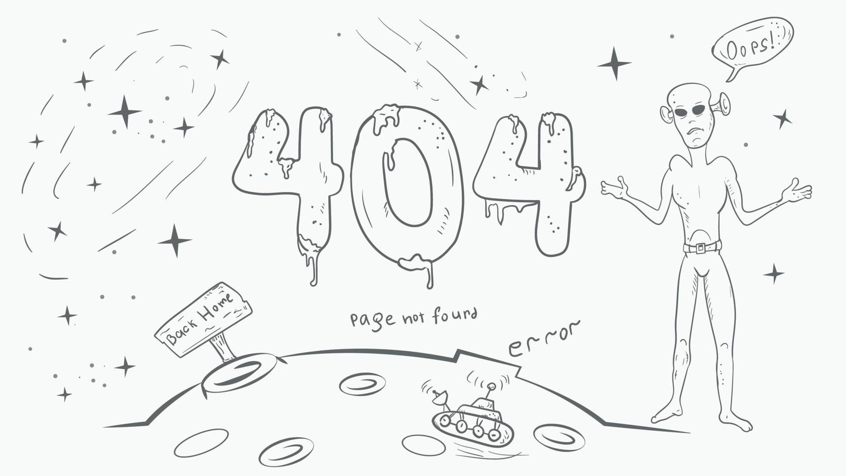 une page en noir et blanc pour la conception d'une application web erreur 404 gros chiffres un extraterrestre lève les mains sans rien comprendre en dessinant à la manière d'un doodle vecteur