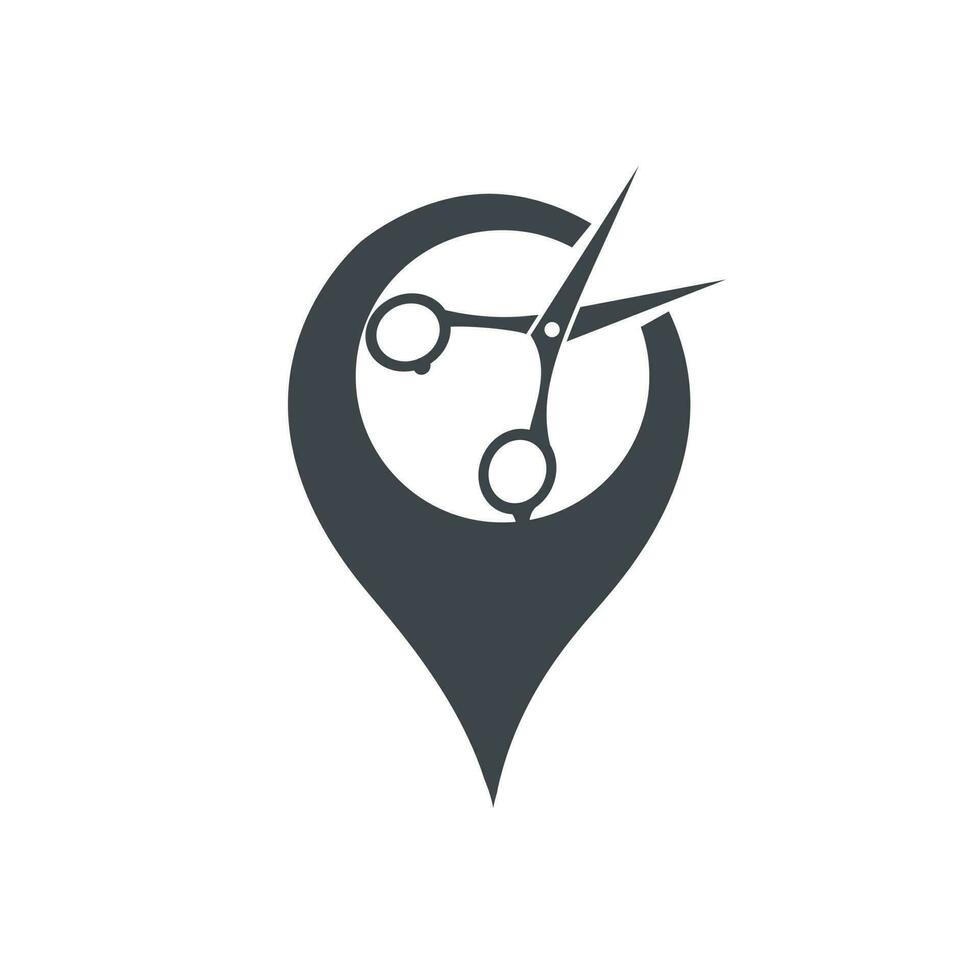 modèle de logo de salon de coiffure point. conception de vecteur d'icône gps et ciseaux.