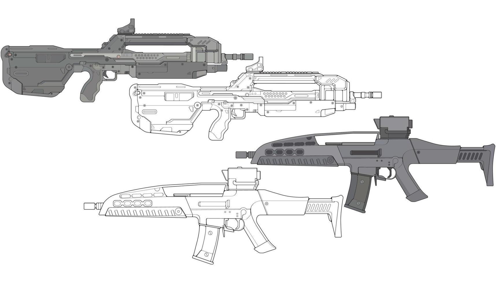 ensemble de style vectoriel d'armes à feu militaires ou policières, fusil de tir, illustration d'arme, ligne vectorielle, pour la formation
