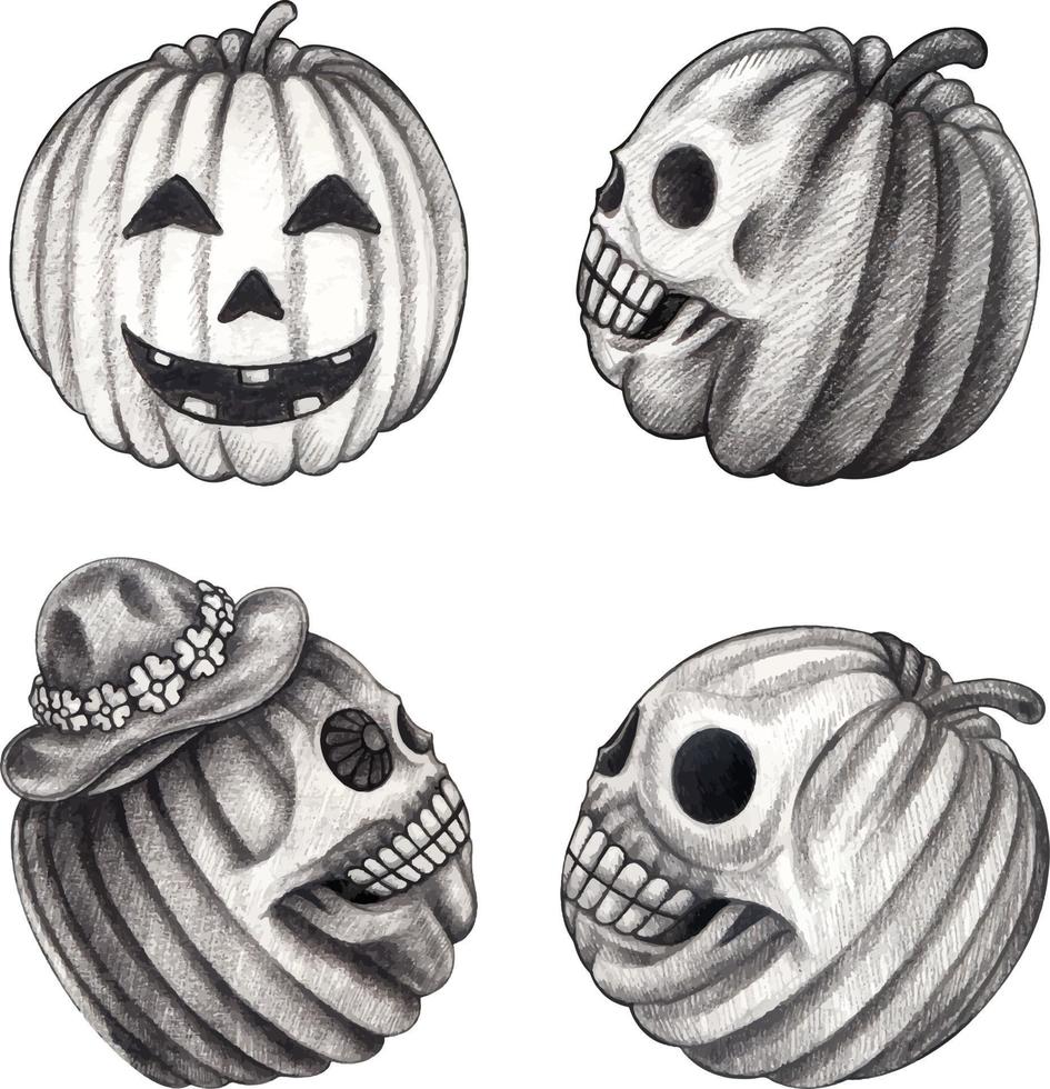 art fantaisie quatre émotions crâne de citrouille jour d'halloween. dessin à la main et faire du vecteur graphique.