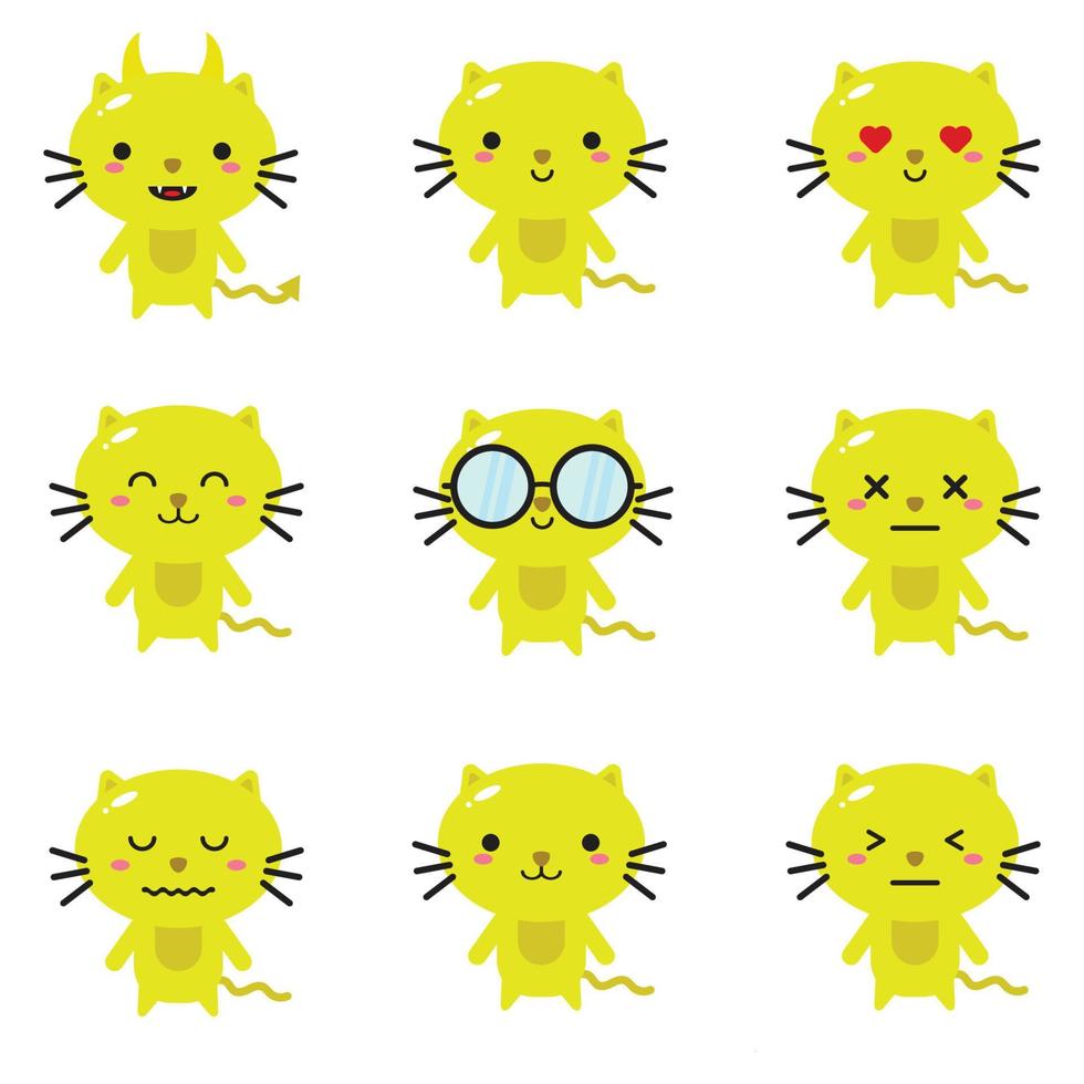 visage de chat jaune. autocollant animal émotionnel chaton plat isolé. joli clipart de personnage emoji. collection de vecteurs de tête d'animal mignon vecteur
