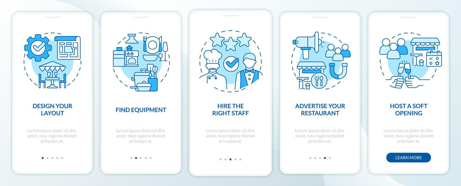 démarrage de l'écran de l'application mobile d'intégration bleue de la liste de contrôle du restaurant. procédure pas à pas en 5 étapes instructions graphiques modifiables avec des concepts linéaires. ui, ux, modèle d'interface graphique. vecteur