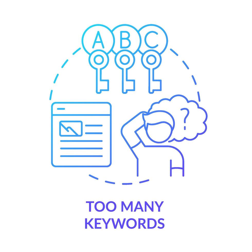 trop de mots-clés icône de concept de dégradé bleu. Remplissage de mot-clé. erreur d'optimisation de moteur de recherche idée abstraite illustration de ligne mince. dessin de contour isolé. vecteur
