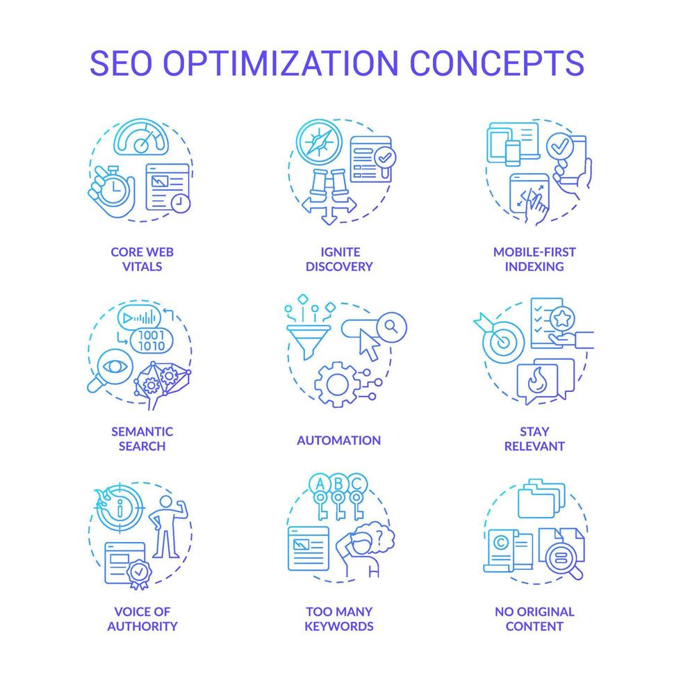 ensemble d'icônes de concept de gradient bleu d'optimisation seo. marketing en ligne. idée de promotion de site Web illustrations en couleur de ligne mince. symboles isolés. vecteur