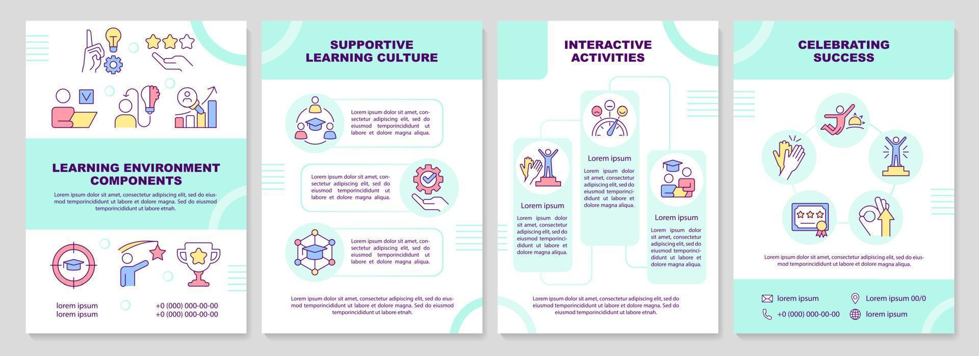 modèle de brochure turquoise environnement d'apprentissage. conception de dépliant avec des icônes linéaires. 4 mises en page vectorielles modifiables pour la présentation, les rapports annuels. vecteur