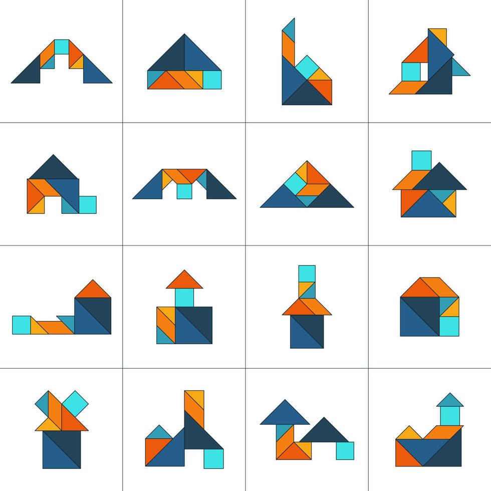 puzzle de tangram. ensemble de bâtiments tangram. puzzle pour les enfants. ensemble de vecteurs. illustration vectorielle vecteur