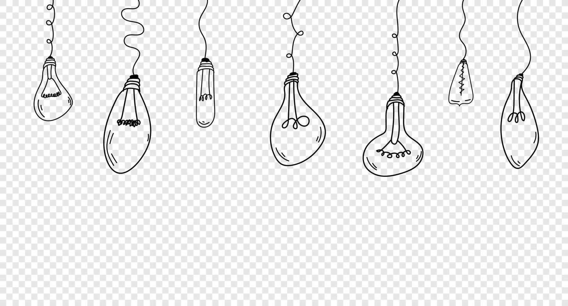 ensemble d'ampoules suspendues avec un style dessiné à la main de griffonnages. jeu d'ampoules. doodle lampe de style croquis dessinés à la main. ampoule avec courbe de ligne. illustration vectorielle vecteur