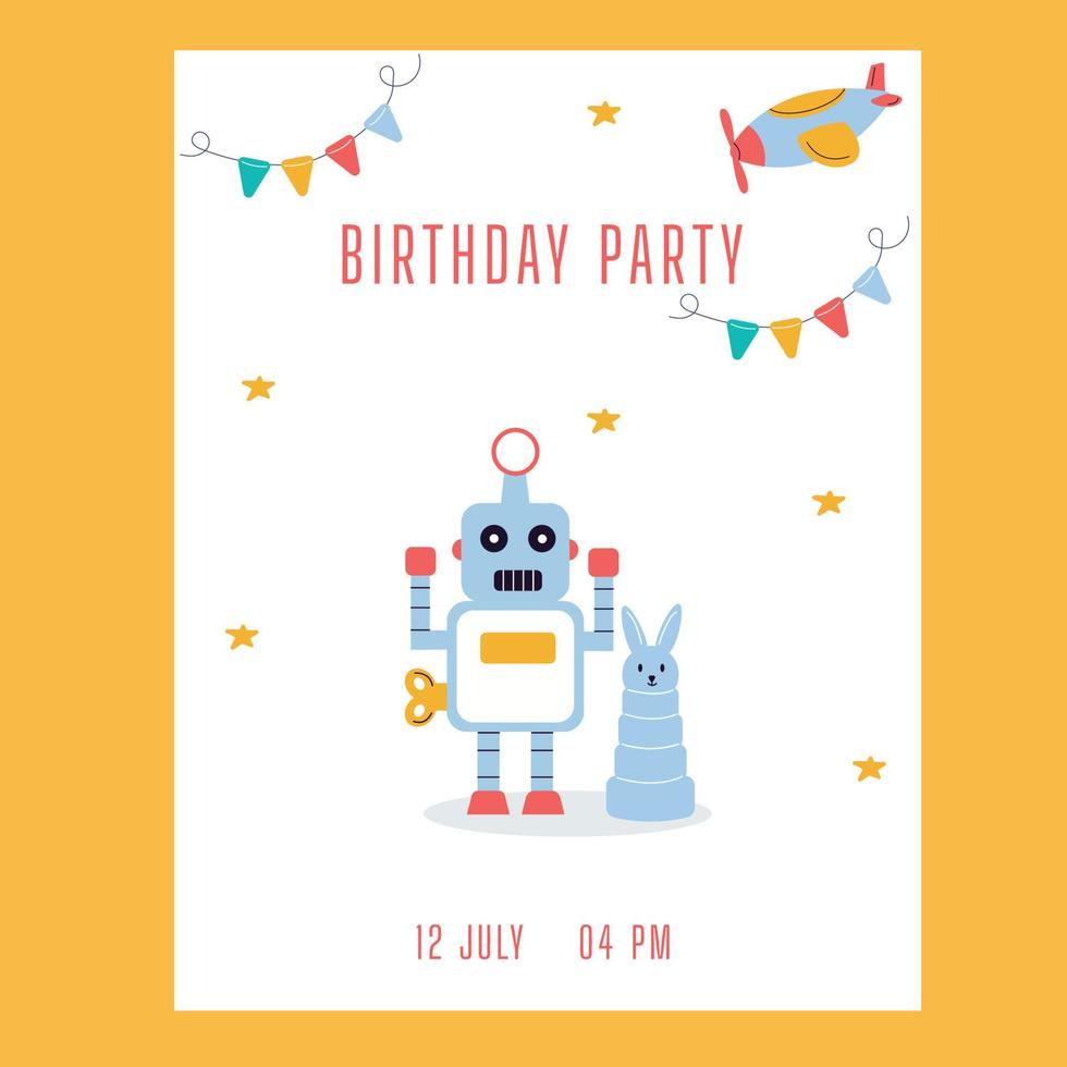 invitation d'anniversaire. jouets pour bébés, robot, avion vecteur