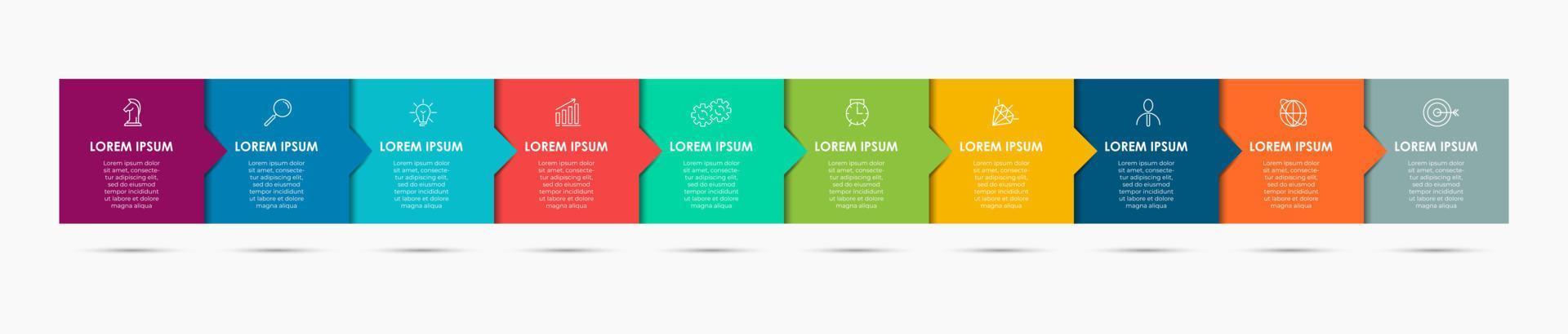 modèle d'infographie d'entreprise. chronologie avec 10 étapes, options et icônes marketing. infographie linéaire vectorielle avec deux éléments connectés en cercle. peut être utilisé pour la présentation. vecteur