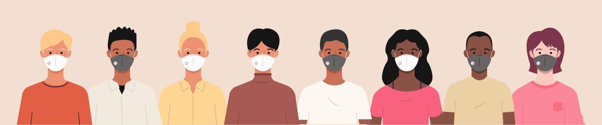 groupe de personnes portant des masques médicaux pour prévenir le coronavirus, la maladie covid-19, la grippe, la pollution de l'air, l'air contaminé et la pollution mondiale. illustration de bannière de vecteur dans un style plat