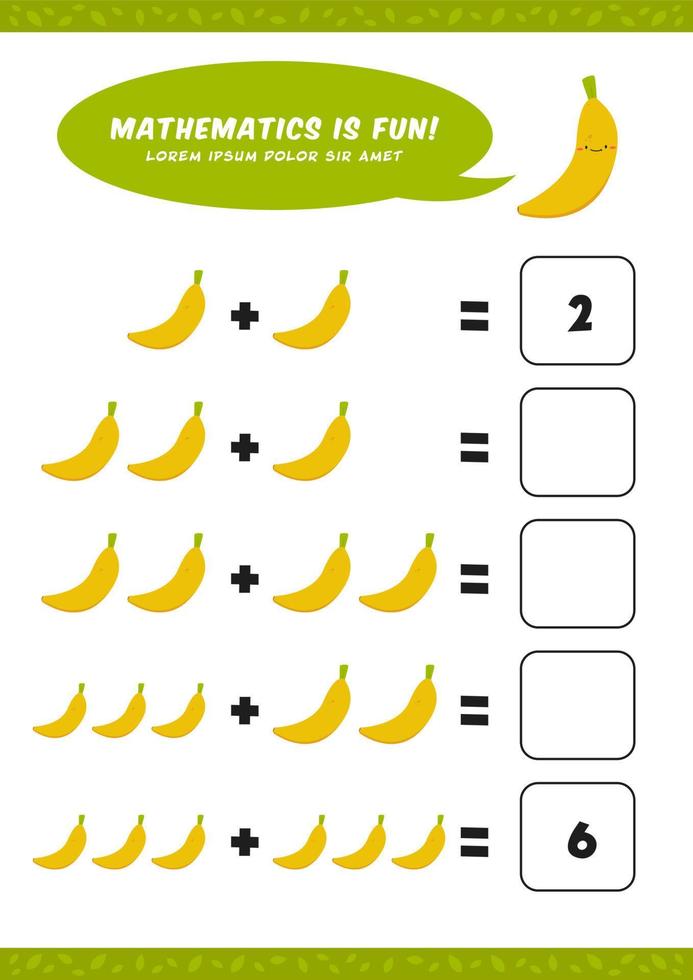 mathématiques d'addition préscolaire apprendre le modèle d'activité de feuille de calcul avec une jolie illustration de banane pour les enfants vecteur