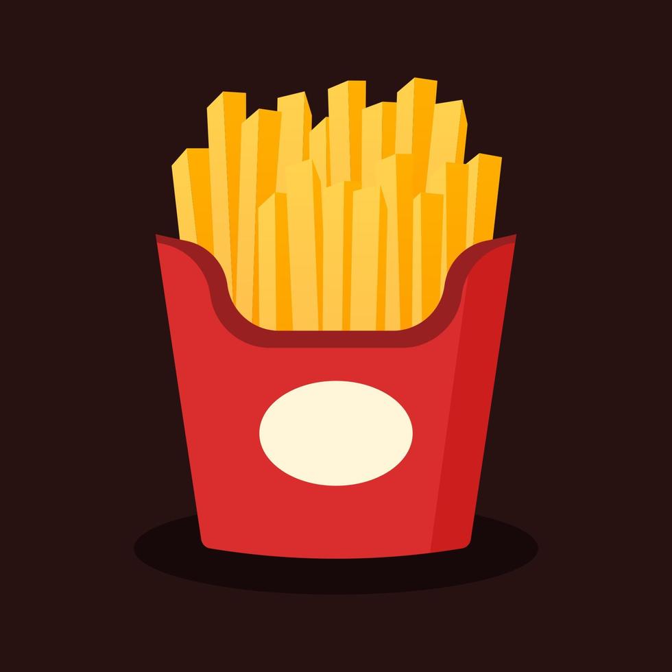 frites en carton rouge. bâtonnets de pommes de terre croustillants dans un emballage en papier. concept de collation de restauration rapide. malbouffe ou menu malsain. icône de repas de dessin animé mignon. illustration isolée de conception graphique vectorielle plane. vecteur