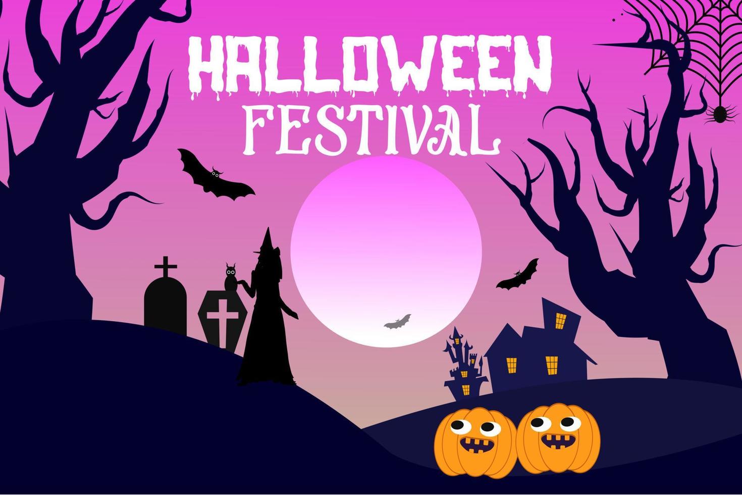 festival d'halloween fond de nuit terrifiant avec des chauves-souris noires, araignée, citrouille, scène de nuit d'horreur, nuit effrayante joyeux festival d'halloween fond horrible. vecteur
