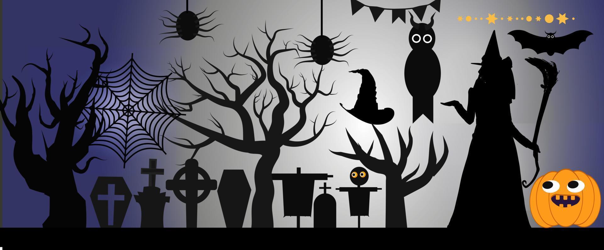 halloween tout élément de conception. fond d'halloween, cimetière de pierre tombale de paysage mystérieux, maison de sorcière de dessin animé, maison hantée, hibou de citrouilles et chauves-souris. scène de dessin animé d'horreur effrayante. vecteur