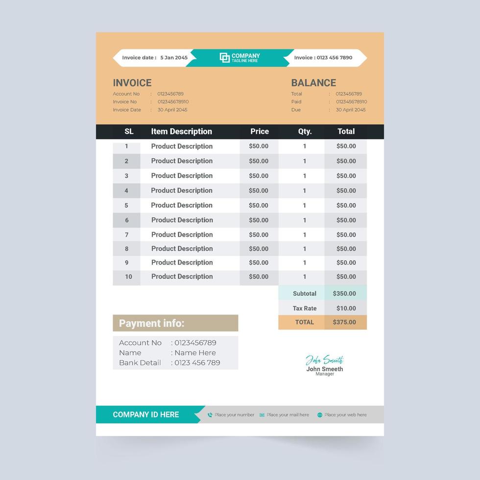 facture facture et vecteur de modèle d'accord de paiement pour les entreprises. conception de facture d'entreprise avec des couleurs marron et bleu. modèle de facture minimal avec vecteur de section d'informations sur le prix et le produit.