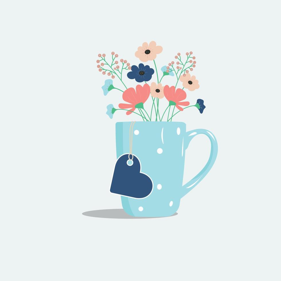 tasse, mug bleu festif avec des fleurs et un coeur vecteur