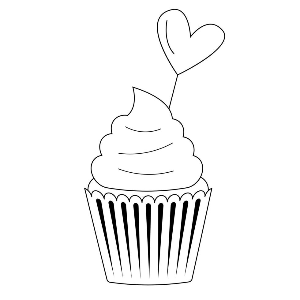 cupcake noir et blanc avec un coeur en forme de ligne vecteur