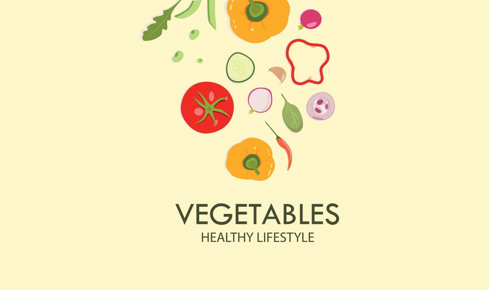 des légumes. mode de vie sain. notion de nourriture. tomates, oignon, concombre, pois verts, ail, piment fort, poivron jaune et radis vecteur