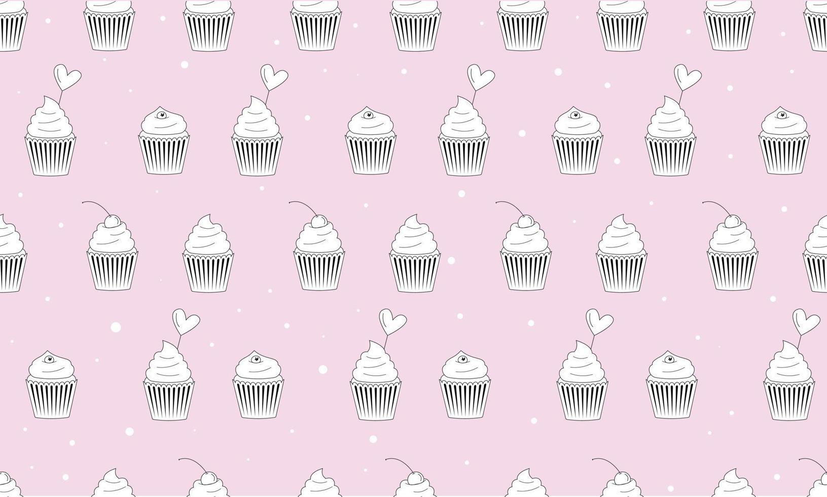 motif alimentaire cupcake noir et blanc harmonieux avec des coeurs sur rose clair vecteur