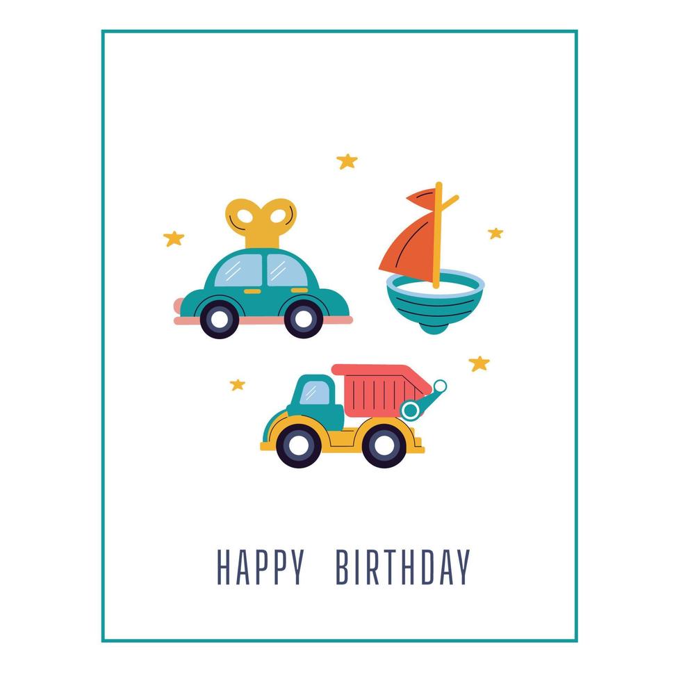 carte de joyeux anniversaire avec des jouets pour bébé vecteur