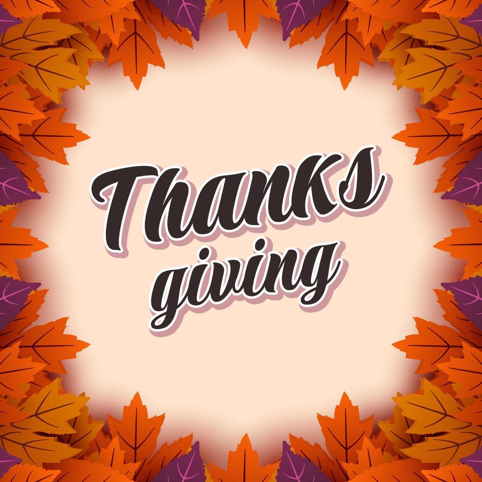 calligraphie de joyeux jour de thanksgiving avec cadre feuille automne vecteur