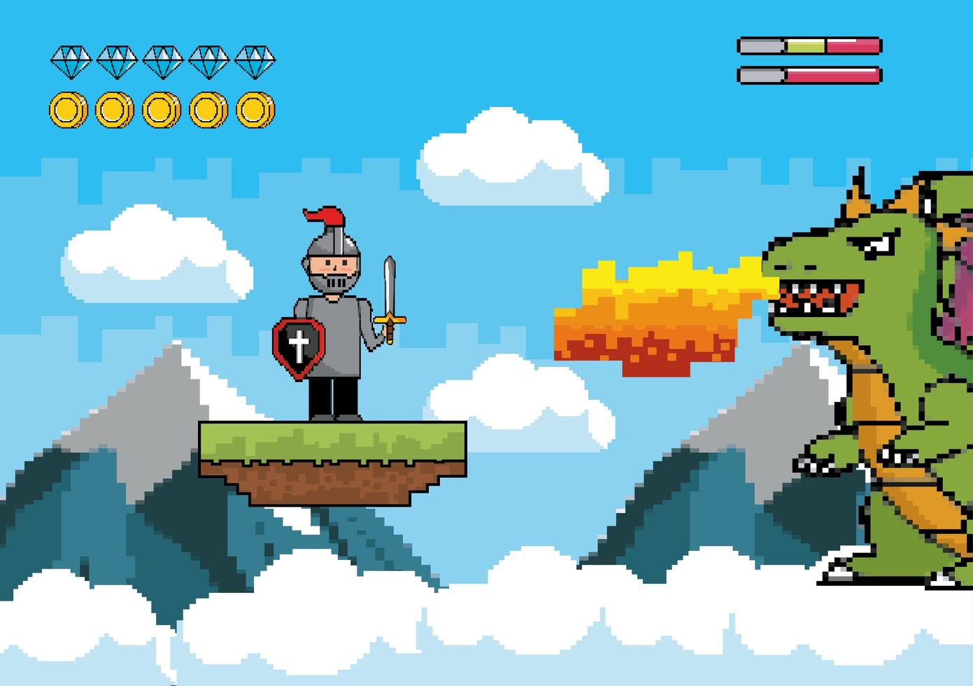 scène de jeu vidéo avec guerrier et dragon vecteur