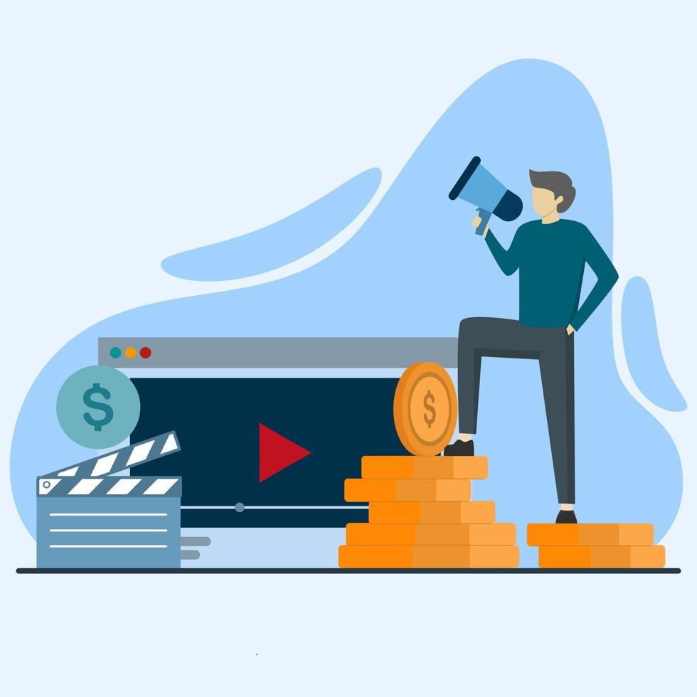 les hommes gagnent de l'argent en ligne à partir de vidéos. un créateur de contenu à succès qui monétise des vidéos. concept de monétisation vidéo, gagner de l'argent sur internet, gagner en ligne. illustration vectorielle plane pour la conception de l'interface utilisateur web vecteur