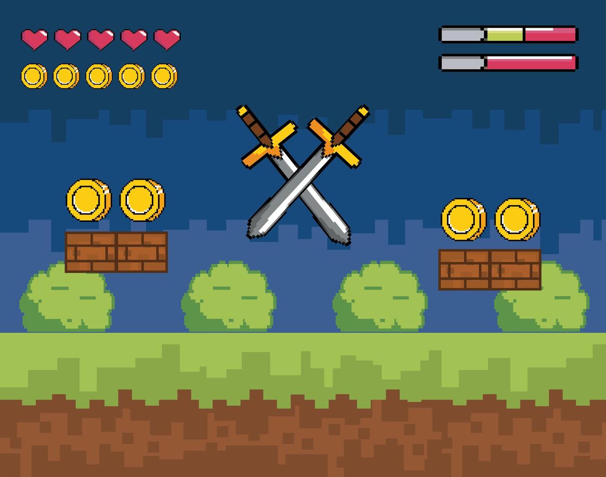 scène de jeu vidéo avec des épées de style pixel vecteur