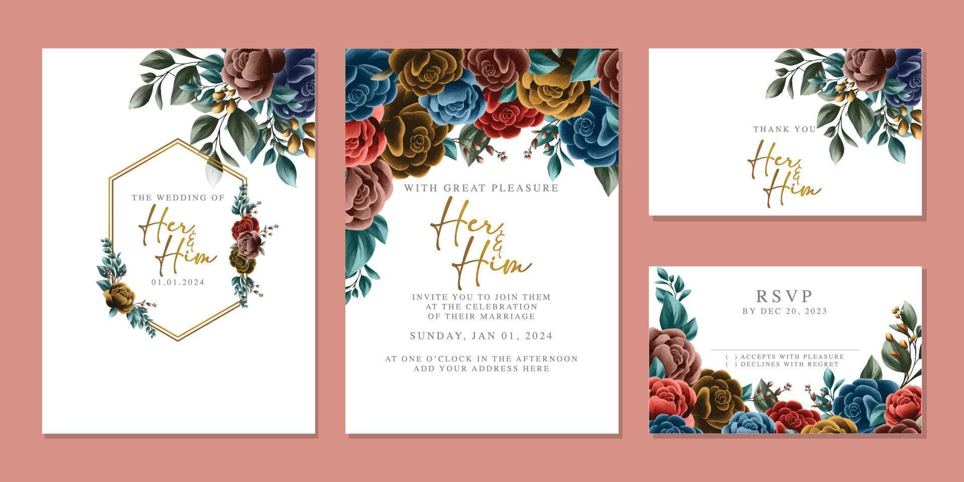 modèle de fond de carte d'invitation de mariage de belles fleurs de luxe vecteur