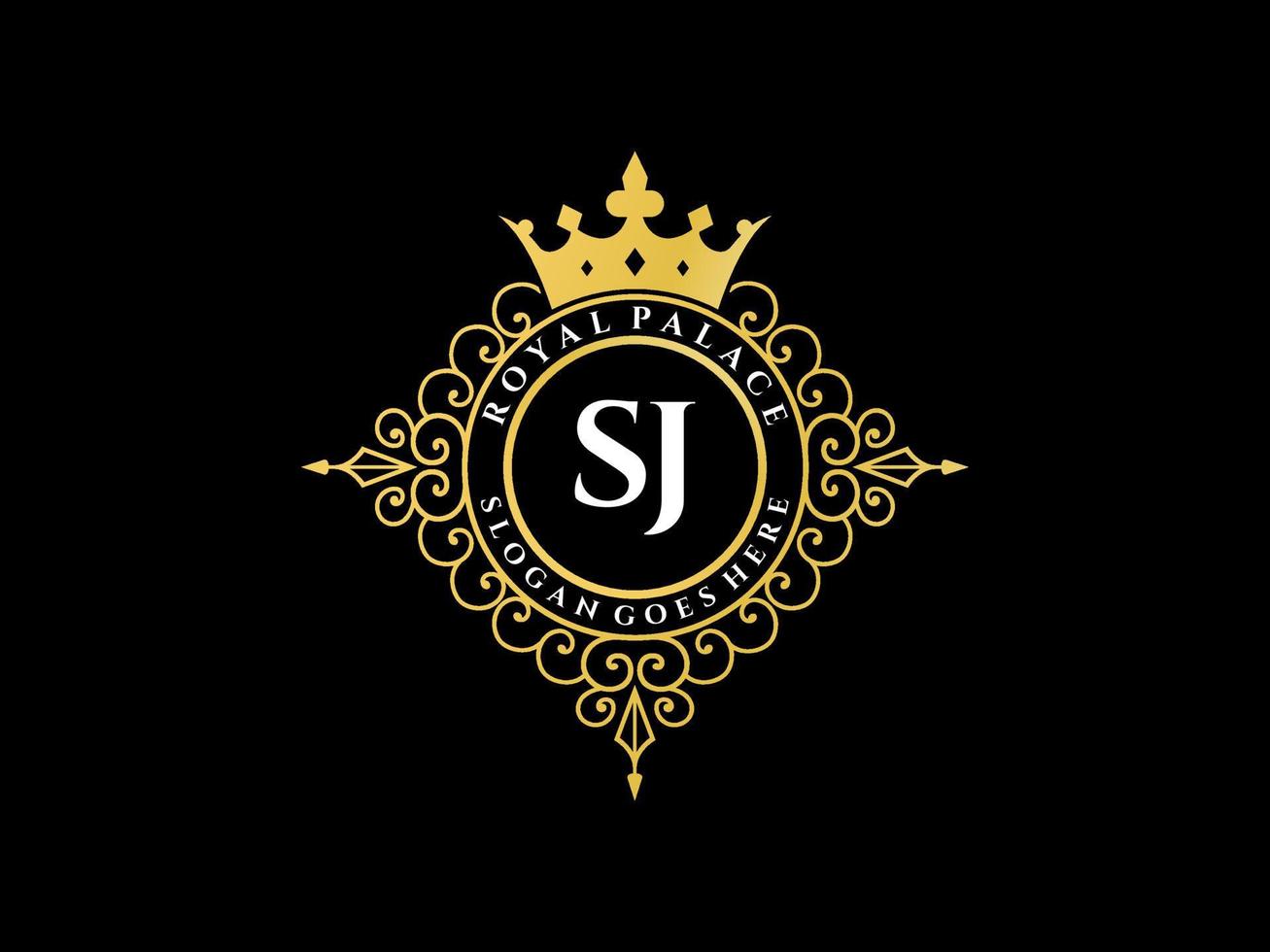 lettre sj logo victorien de luxe royal antique avec cadre ornemental. vecteur