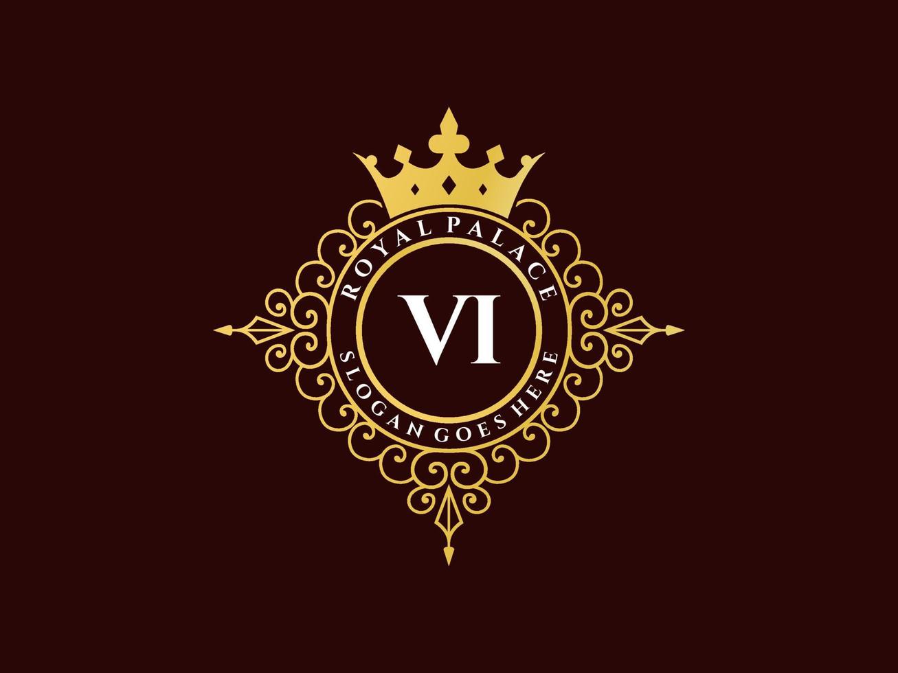 lettre vi logo victorien de luxe royal antique avec cadre ornemental. vecteur