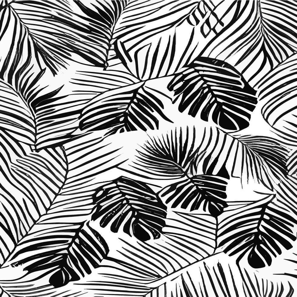 modèle sans couture de feuilles exotiques en noir et blanc. arrière-plan décoratif vectoriel abstrait élégant. feuilles de palmier tropical, motif floral vectorielle continue de feuille de jungle. papier peint de style tropical grunge.