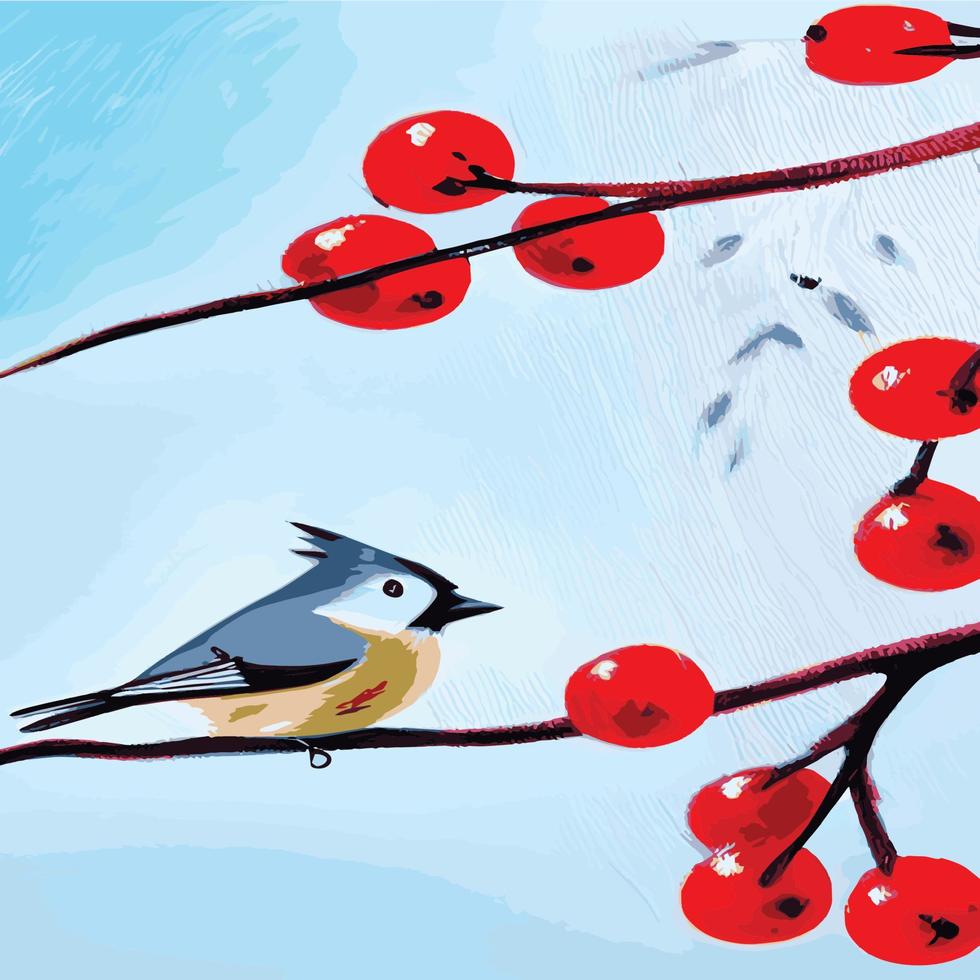 illustration vectorielle détaillée réaliste de vecteur branches d'oiseaux d'hiver. éléments de conception d'hiver noël, vacances. branche assise. fond d'hiver. branche d'arbre sans feuilles avec des oiseaux volants.