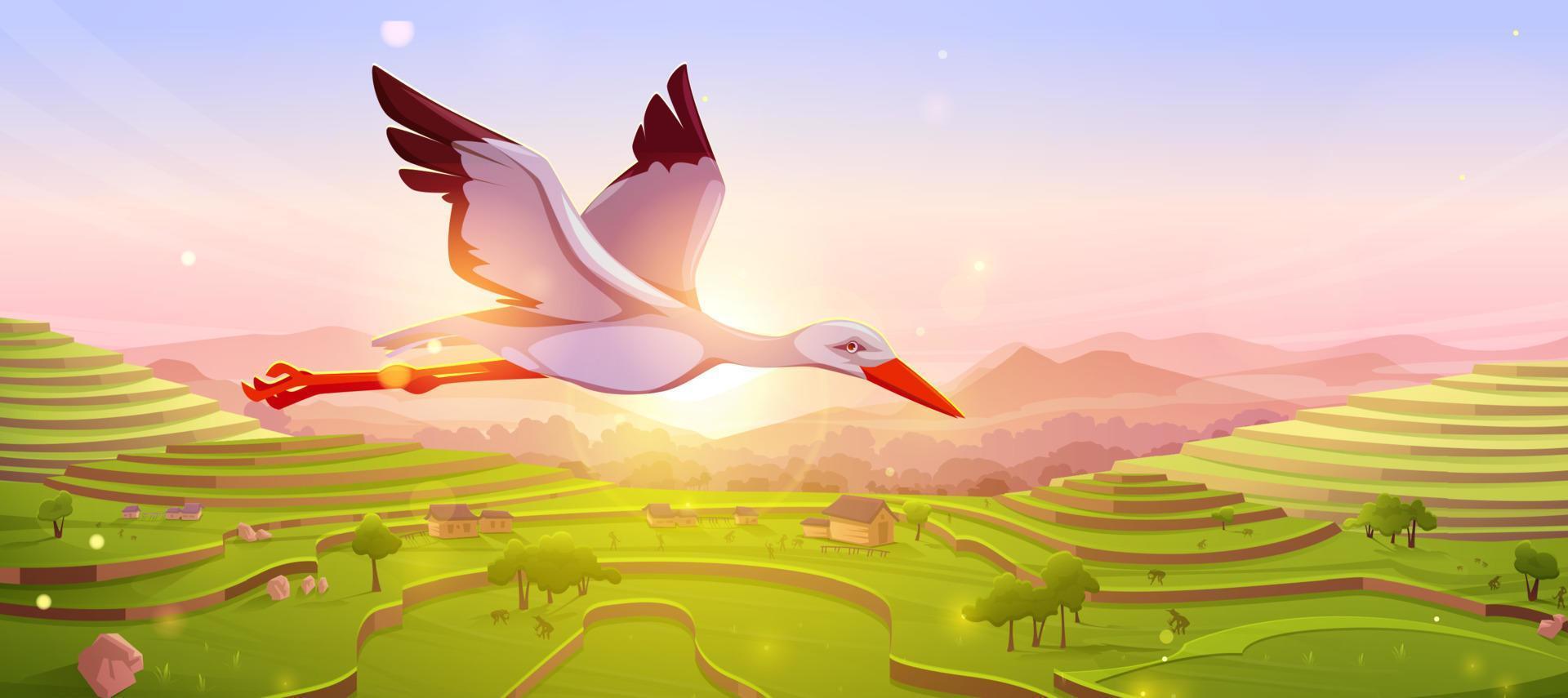 cigogne blanche volant dans le ciel au coucher du soleil ou au lever du soleil vecteur