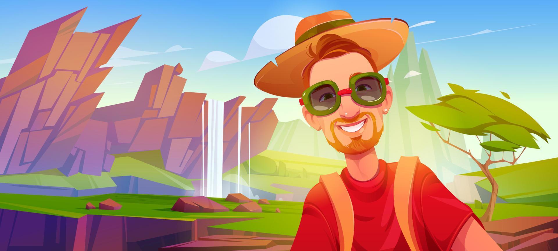 homme de tourisme avec un visage souriant heureux dans des lunettes de soleil vecteur