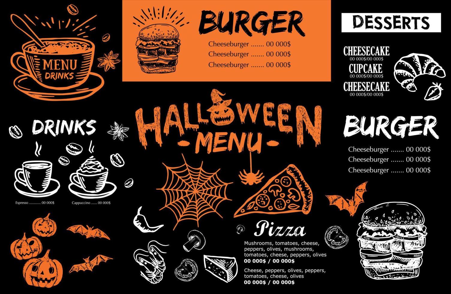 menu de café de restaurant, conception de modèle, menu d'halloween, dépliant de nourriture. vecteur