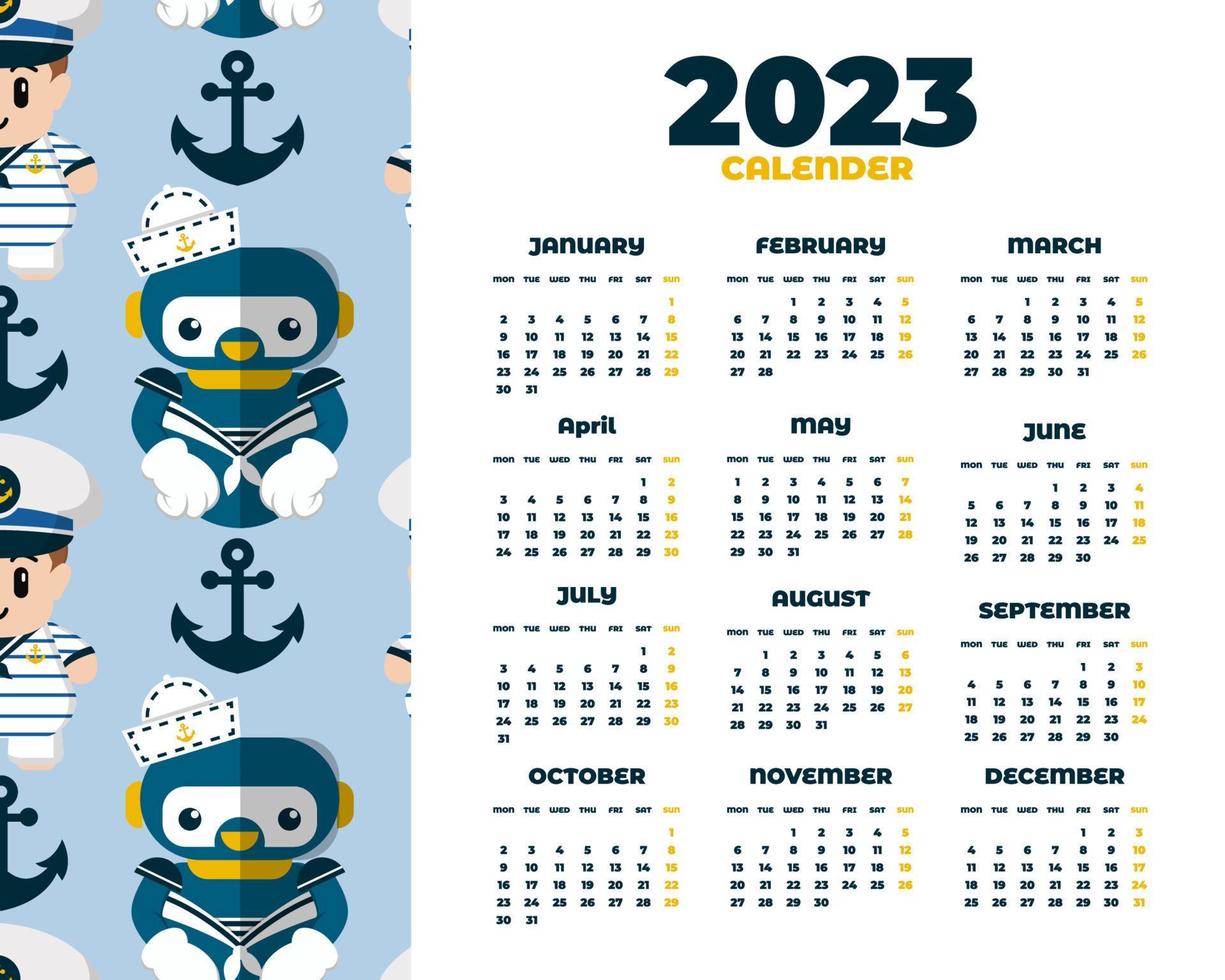 modèle de calendrier marin et nautique 2023 dessiné à la main vecteur