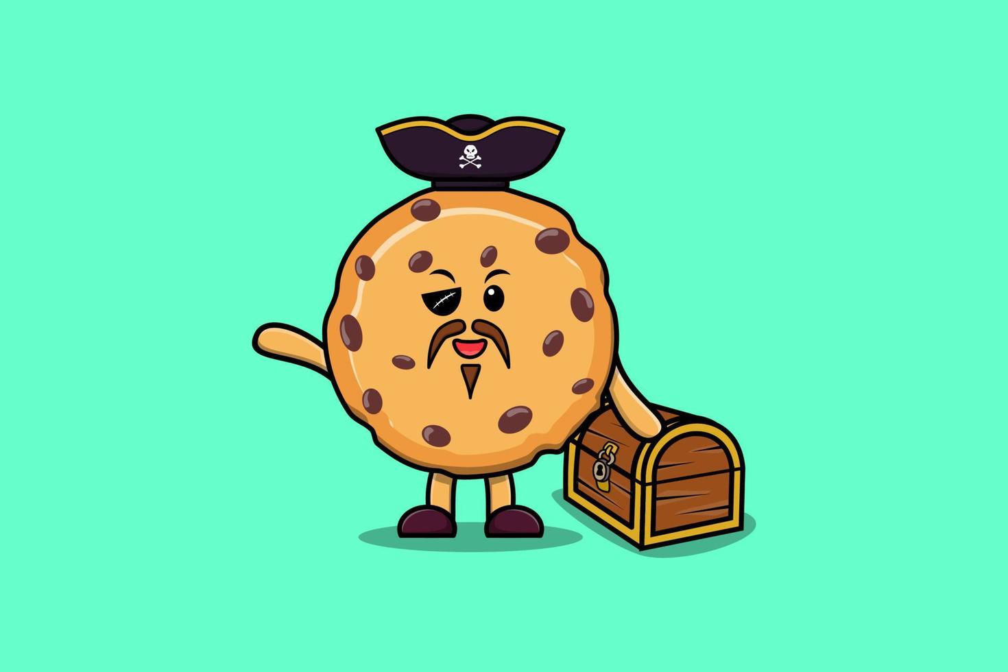 pirate de biscuits de dessin animé mignon avec boîte au trésor vecteur