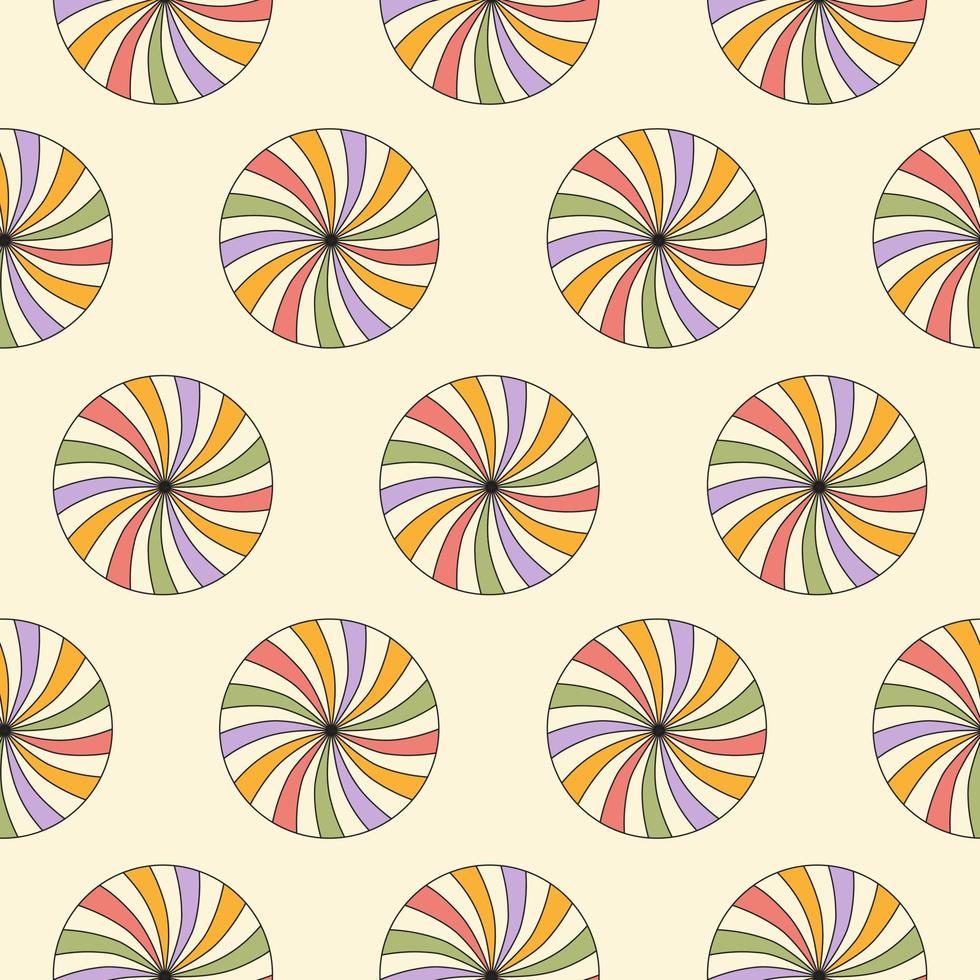 modèle sans couture abstrait rétro avec sunburst tourbillon coloré en forme ronde. arrière-plan géométrique tendance dans le style des années 60, 70. couleurs pastels. illustration vectorielle vecteur