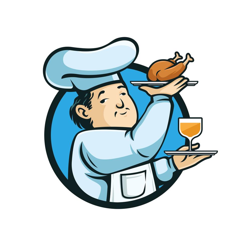 emblème du chef avec du poulet et un verre de vin vecteur