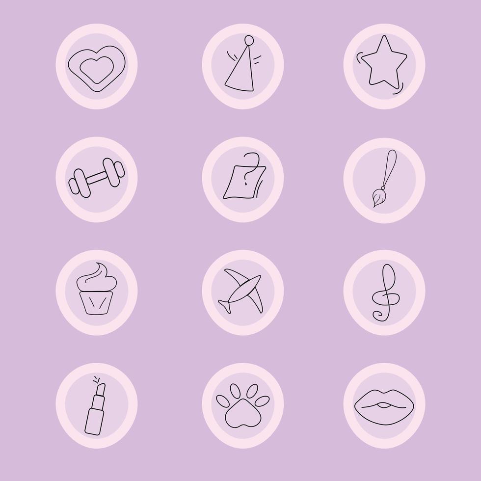 icônes de surbrillance instagram en ligne mince de couleur lilas. nourriture, voyages, beauté, animaux. points forts. couvertures des faits saillants de l'histoire. vecteur