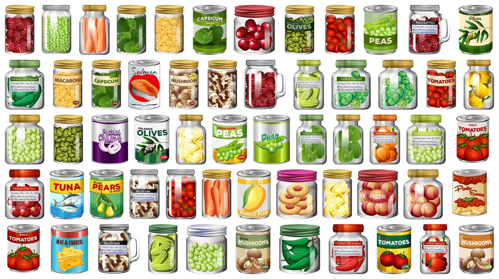 jeu d & # 39; icônes de nourriture en boîtes et pots vecteur